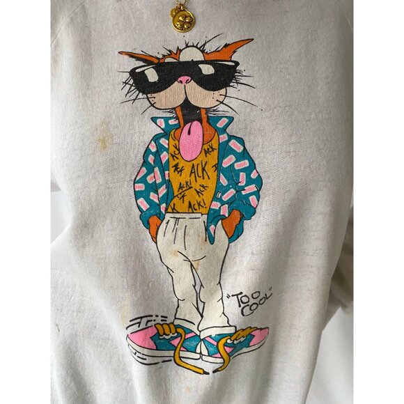 80s vintage COOL CAT graphic thrashed distressed faded cotton pullover sweater - Picture 7 of 10